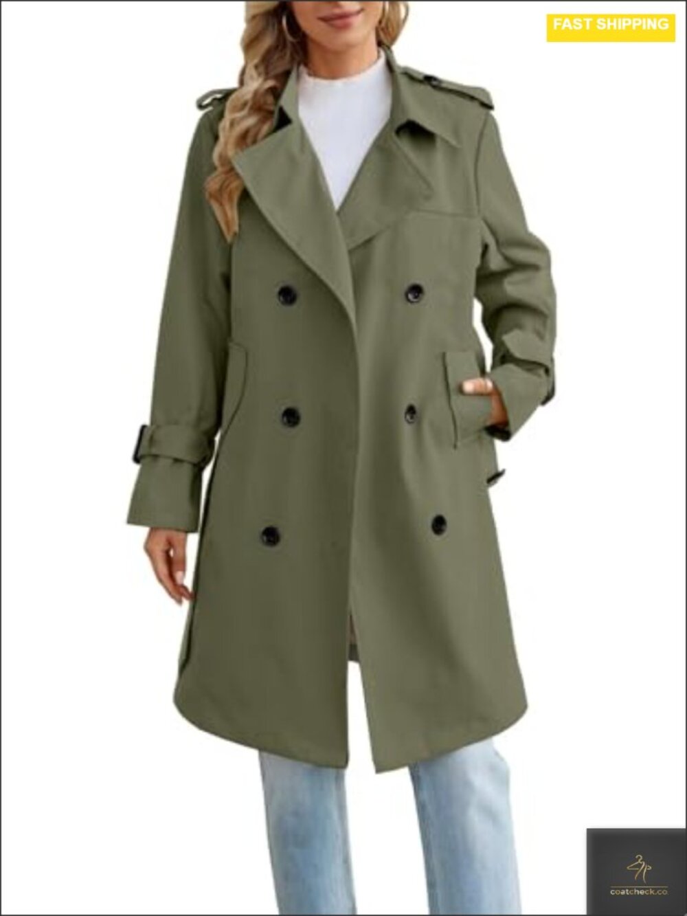 Women's Double Breasted Trench Coat with Belt, Long Sleeve Overcoat